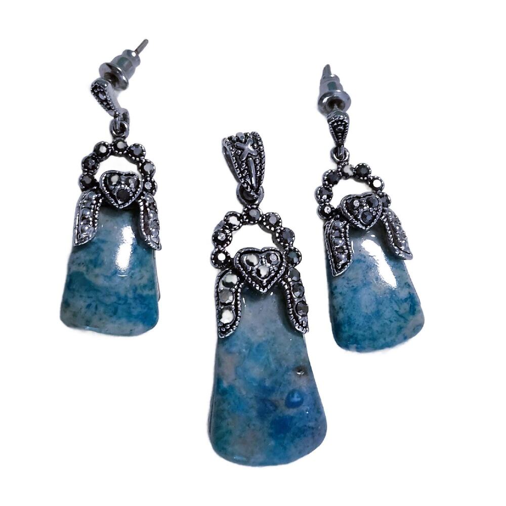 Vintage Silver Marcasite Blue Stone Jewelry Set, Drop Earrings and Pendant